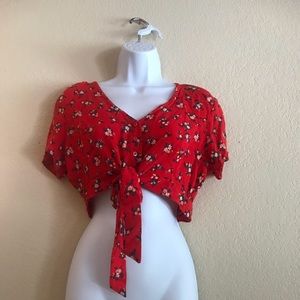Red floral American eagle button up crop top